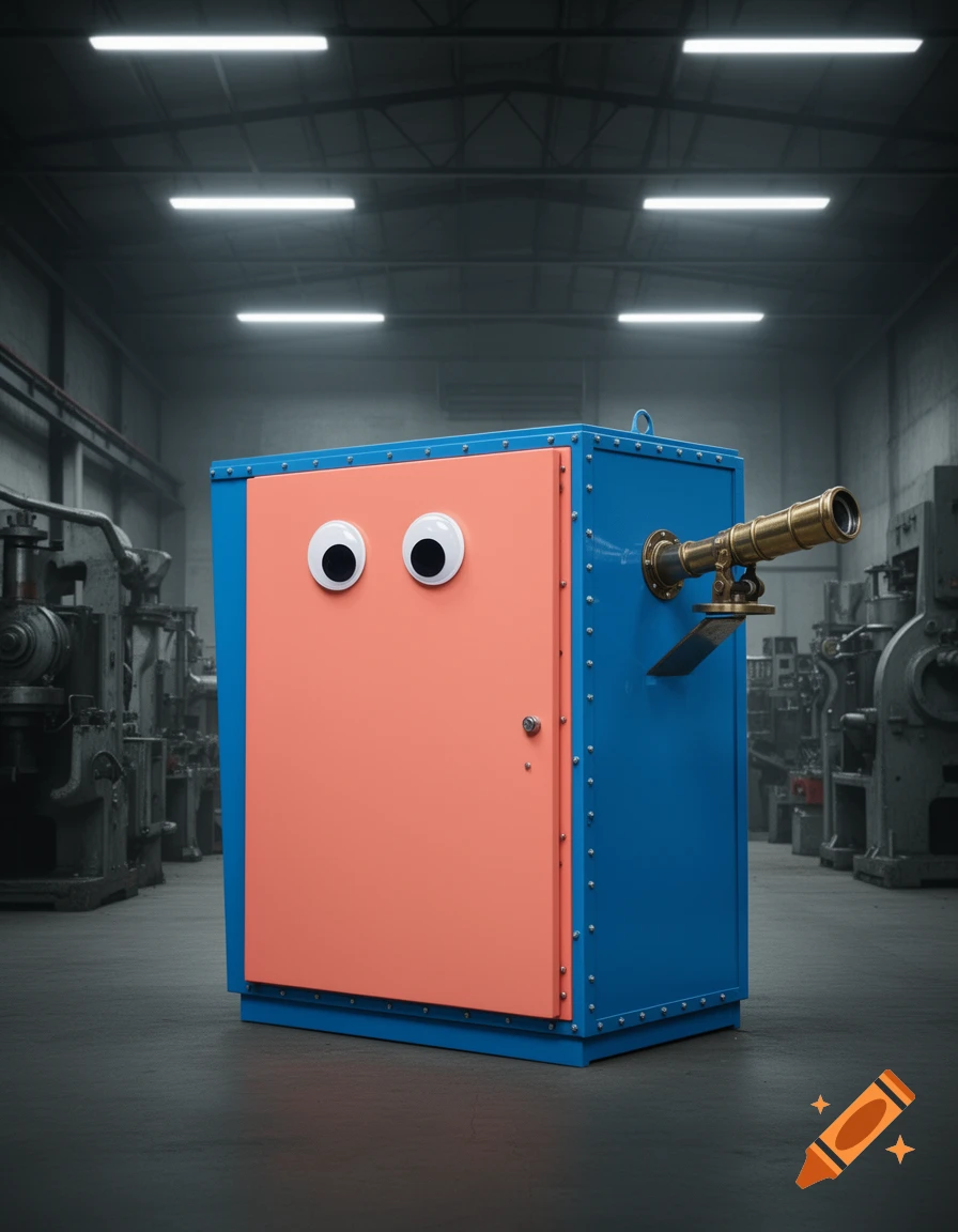 A blue and coral industrial electrical cabinet with googly eyes, fitted with a brass telescope, stands in a factory.