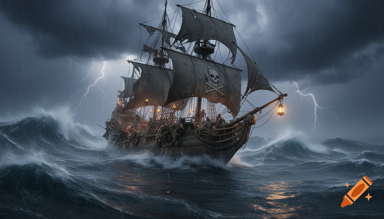 A photorealistic pirate ship with tattered sails and a skull and crossbones flag battles giant waves under a stormy sky with lightning.