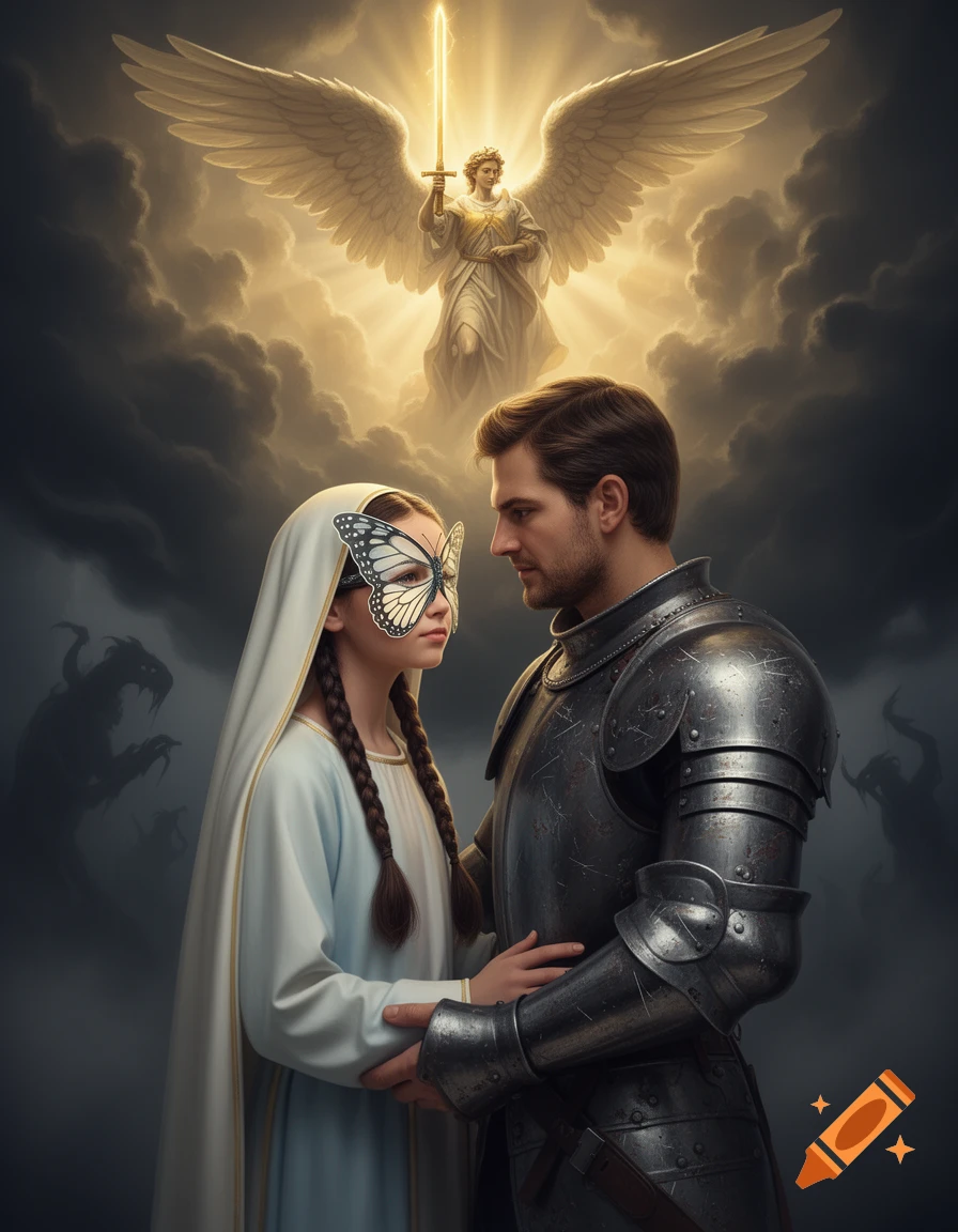 A knight protectively holds a young girl with a butterfly mask under a dramatic sky with an archangel and demons in epic fantasy art.