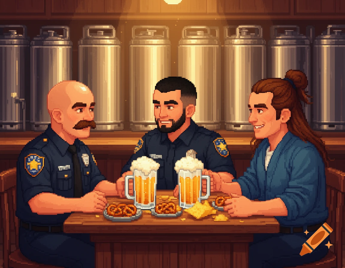 Pixel art of three men, two in cop uniforms, drinking beer and eating snacks at a bar table with steel barrels in the background.
