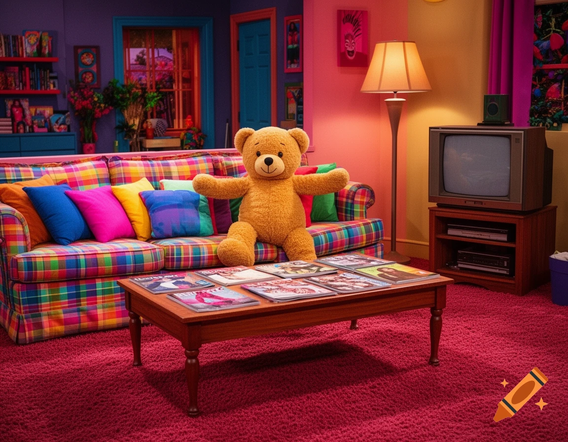 A teddy bear sits on a colorful plaid sofa in a vibrant 90s sitcom-style living room.