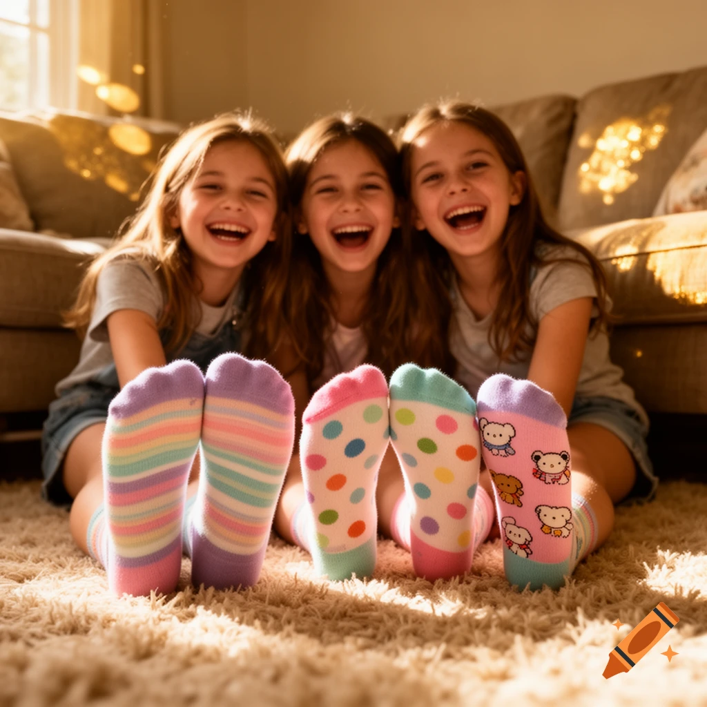Three laughing girls sit on a rug, holding up their feet to show off their colorful, patterned socks in warm sunlight.