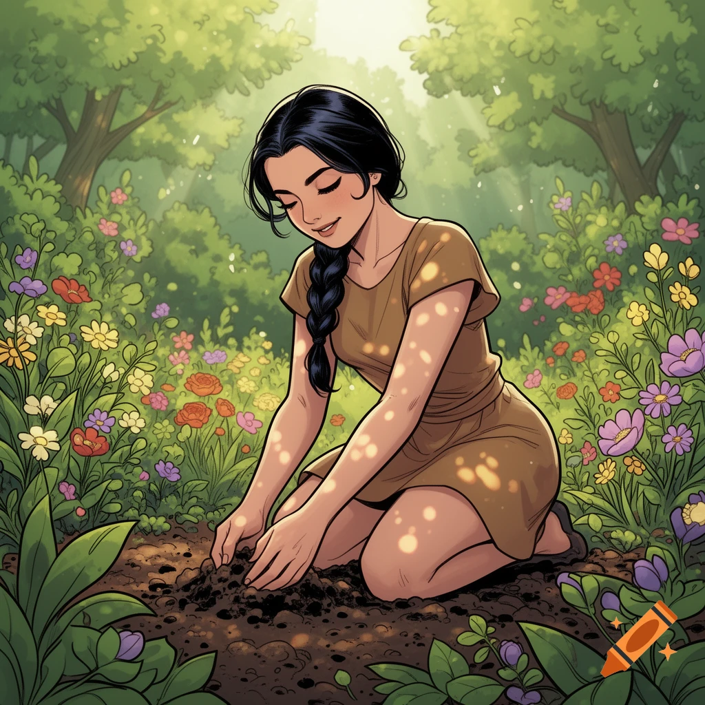 A smiling woman with dark hair and a braid kneels in a lush garden, planting in the soil, in a vibrant comic art style.