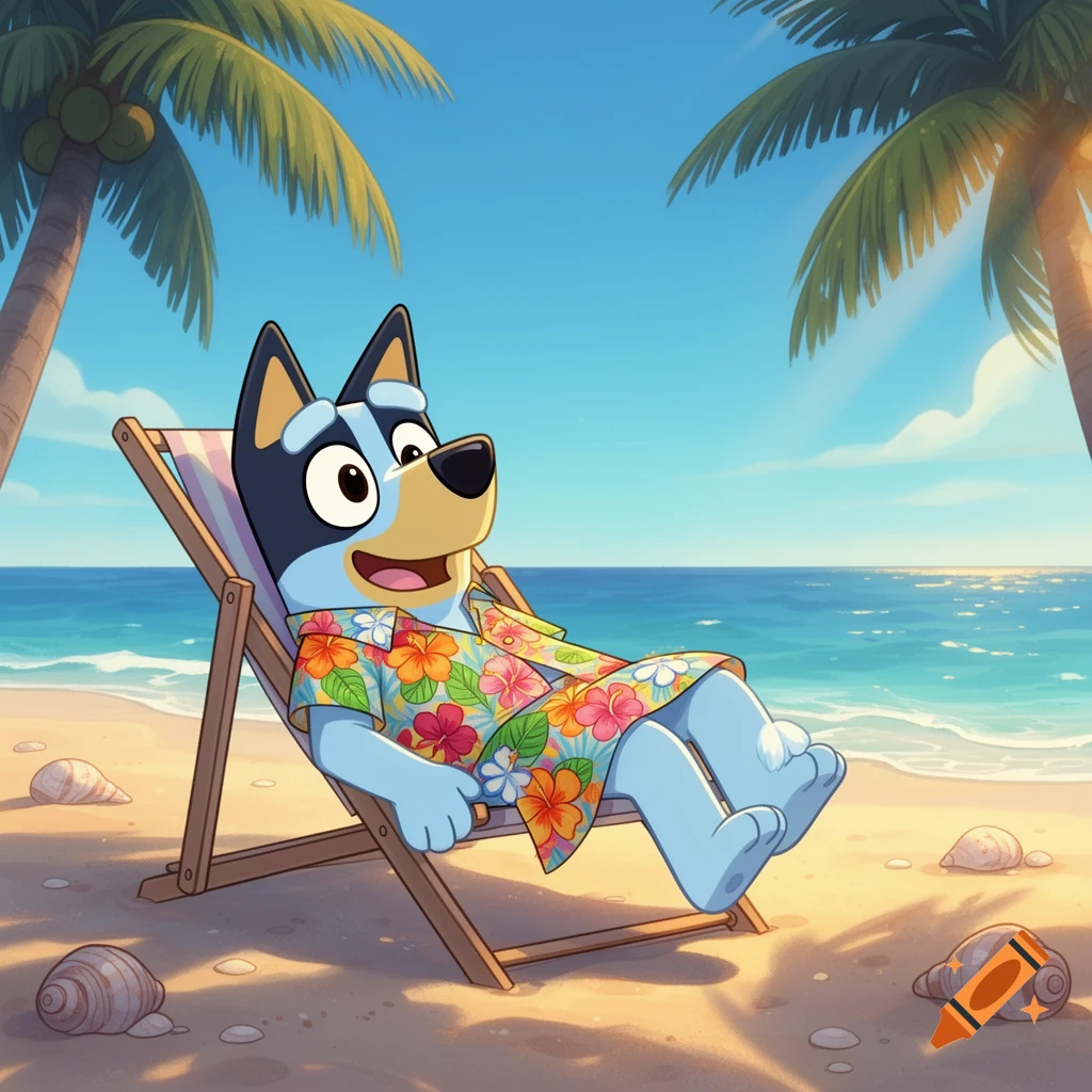 A blue cartoon dog, Bluey, wears a Hawaiian shirt and relaxes in a beach chair under palm trees by the ocean.