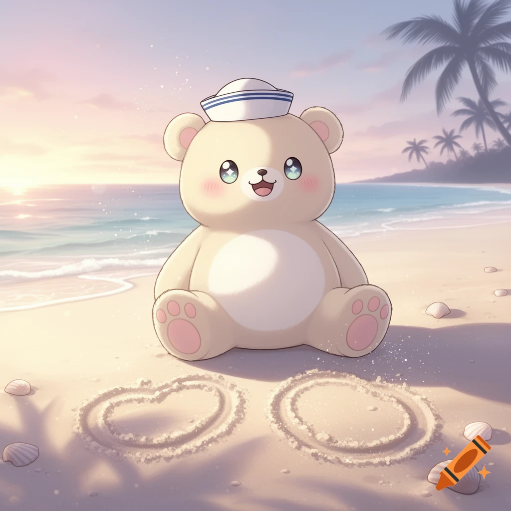 A cute kawaii bear wearing a sailor hat sits on a sandy beach at sunset, with two heart shapes drawn in the sand.