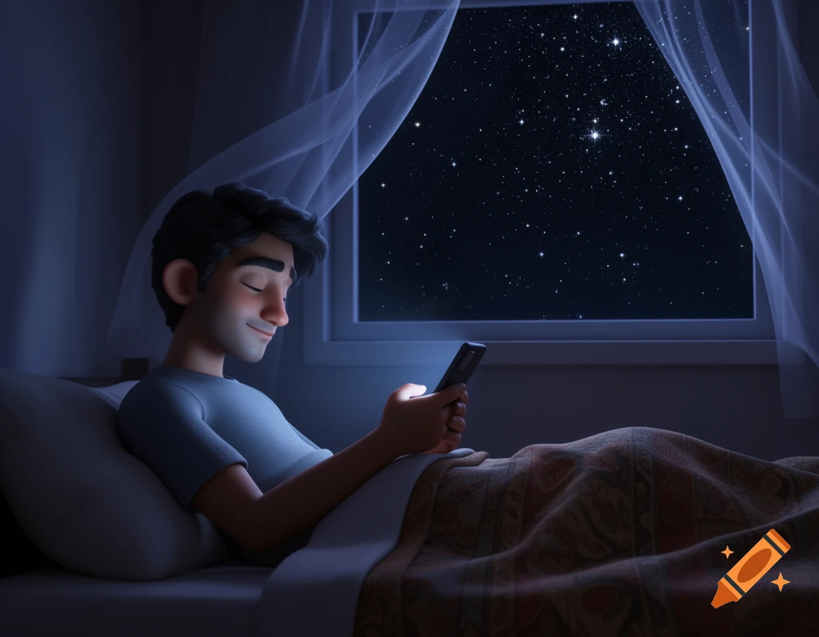 A young Indian man in a 3D animation style lies in bed, smiling at his glowing phone screen. A starry night sky is visible outside his window.