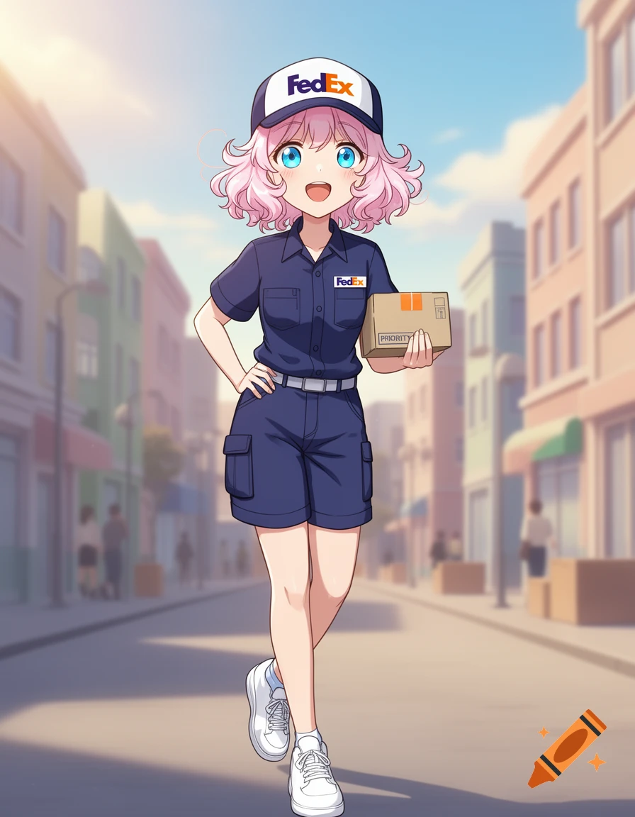 Anime girl with pink hair in FedEx uniform and cap holds a package on a city street.