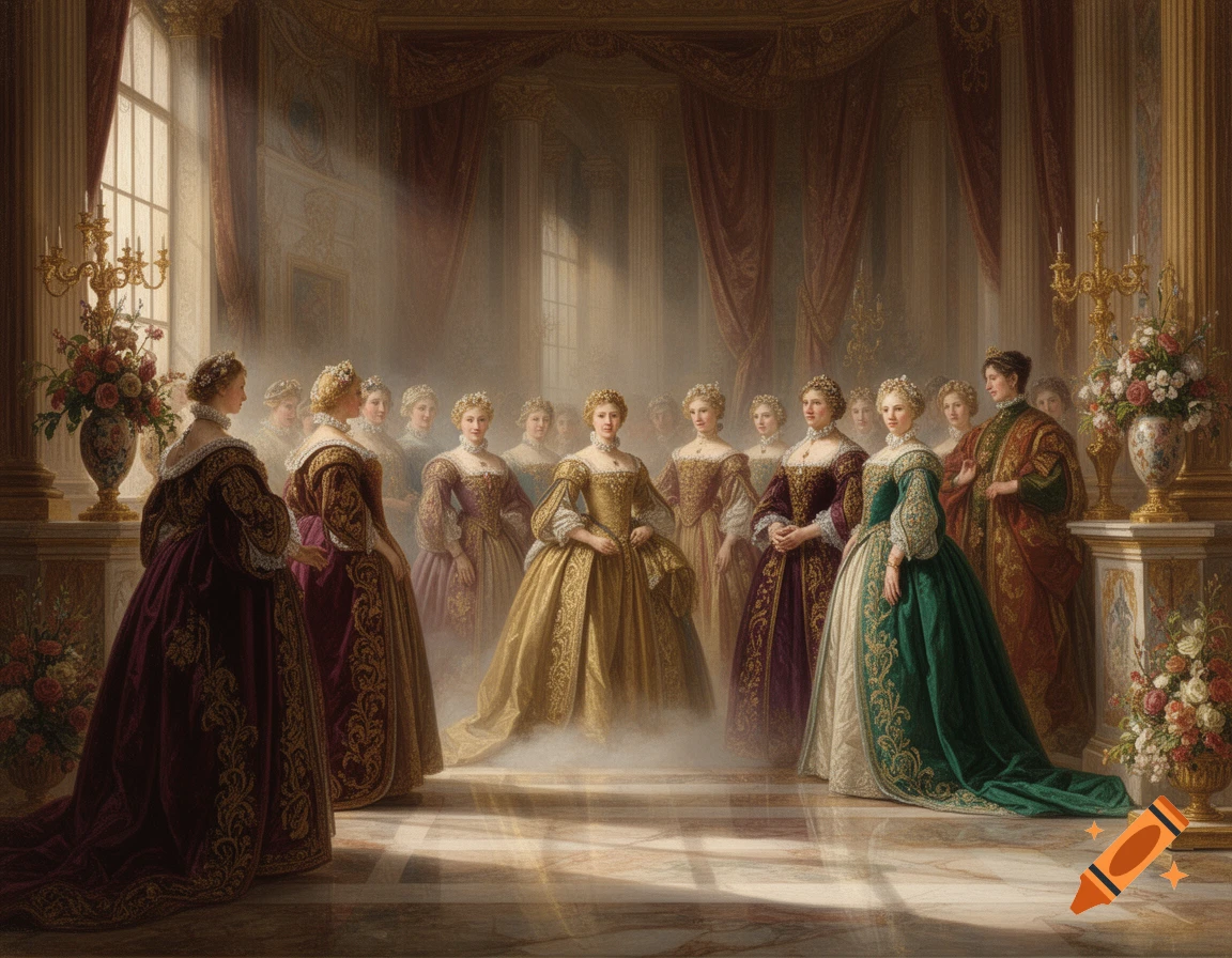 A Renaissance-style painting shows women in elaborate gowns standing in a grand hall, bathed in sunlight from large windows.