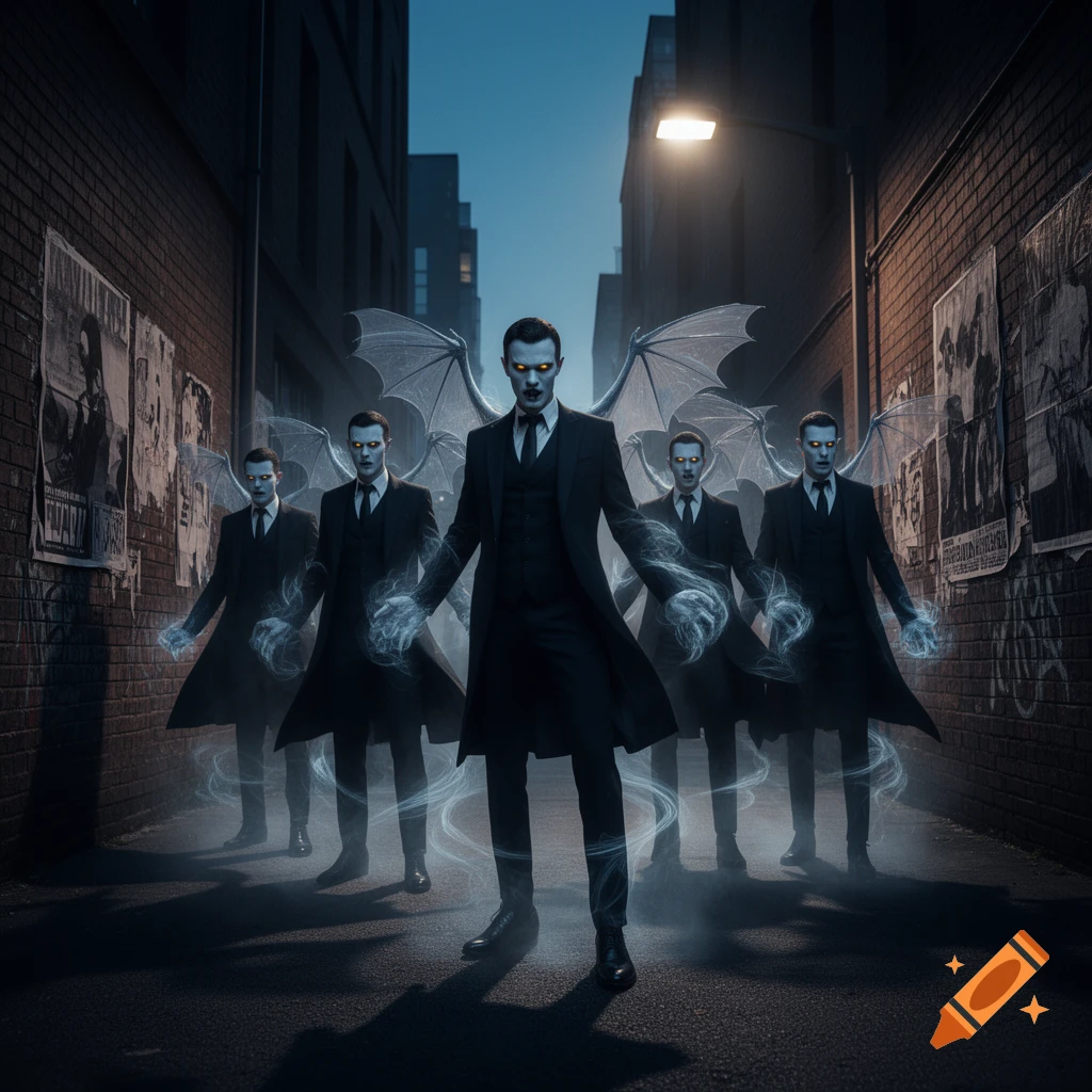 Five men with glowing eyes and bat wings, emanating blue energy, stand in a dark, narrow brick alleyway under a streetlamp.