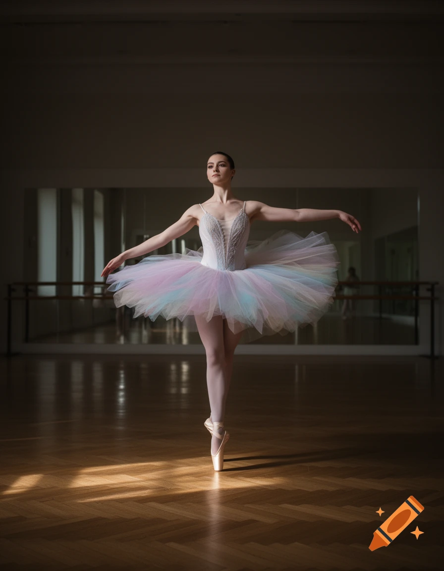Photorealistic image of a ballerina en pointe in a dance studio, wearing a white and pastel rainbow tutu, arms gracefully outstretched.