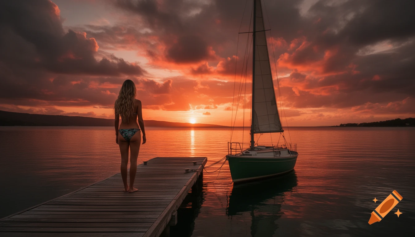 A woman in a bikini stands on a pier next to a sailboat at a breathtaking orange and red sunset over calm water. Photorealistic style.