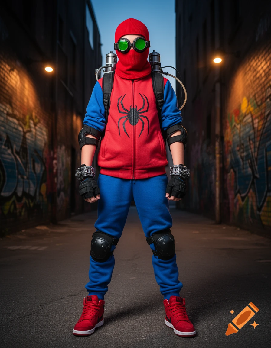 A person in a red ski mask with green goggles, a red jacket with a spider logo, blue pants, and red high-top sneakers stands in a graffiti-covered alley.