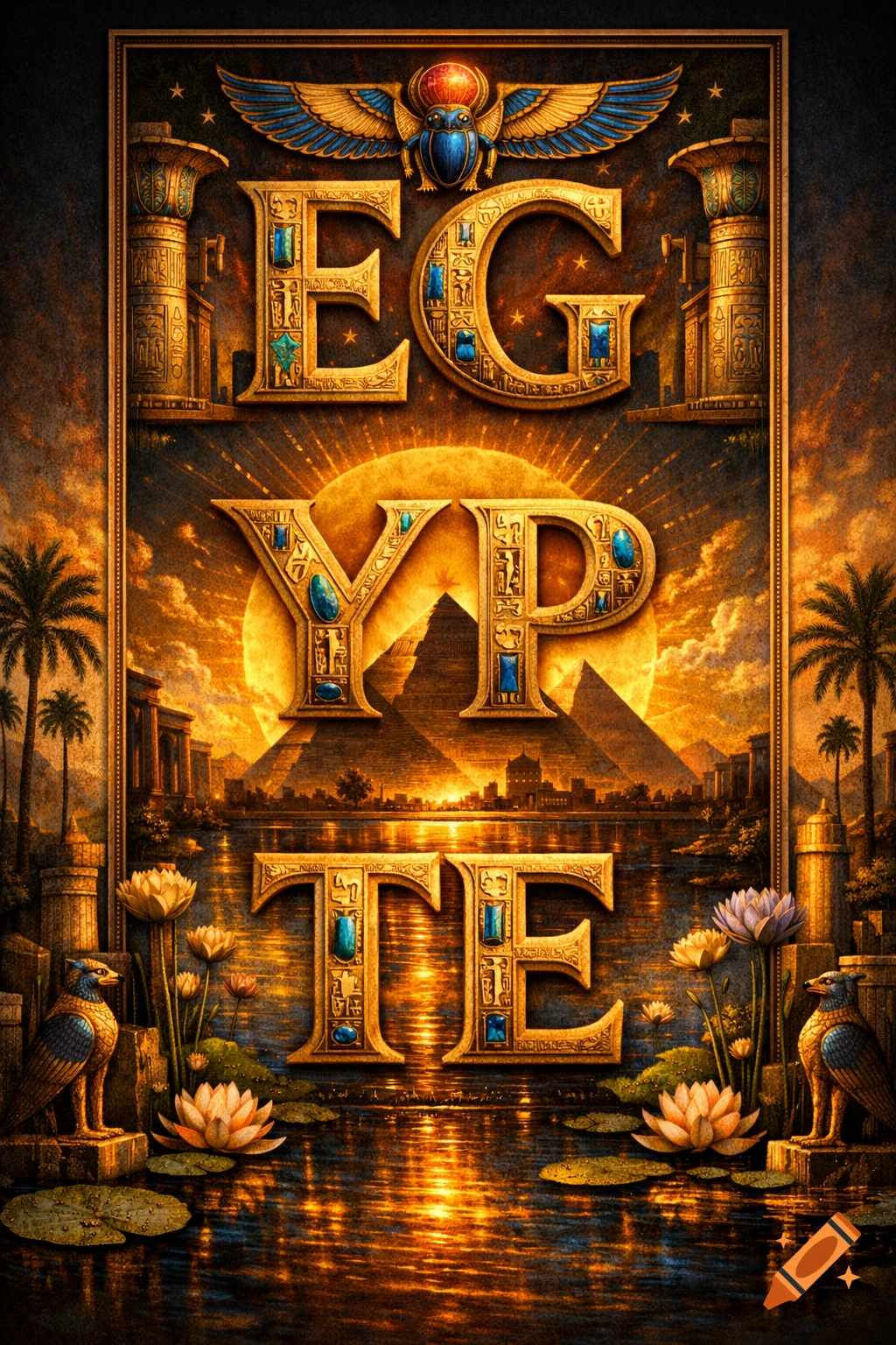 Luxurious Egyptian art featuring golden 'EGYPT' letters, pyramids at sunset over the Nile, lotus flowers, and ancient temples.