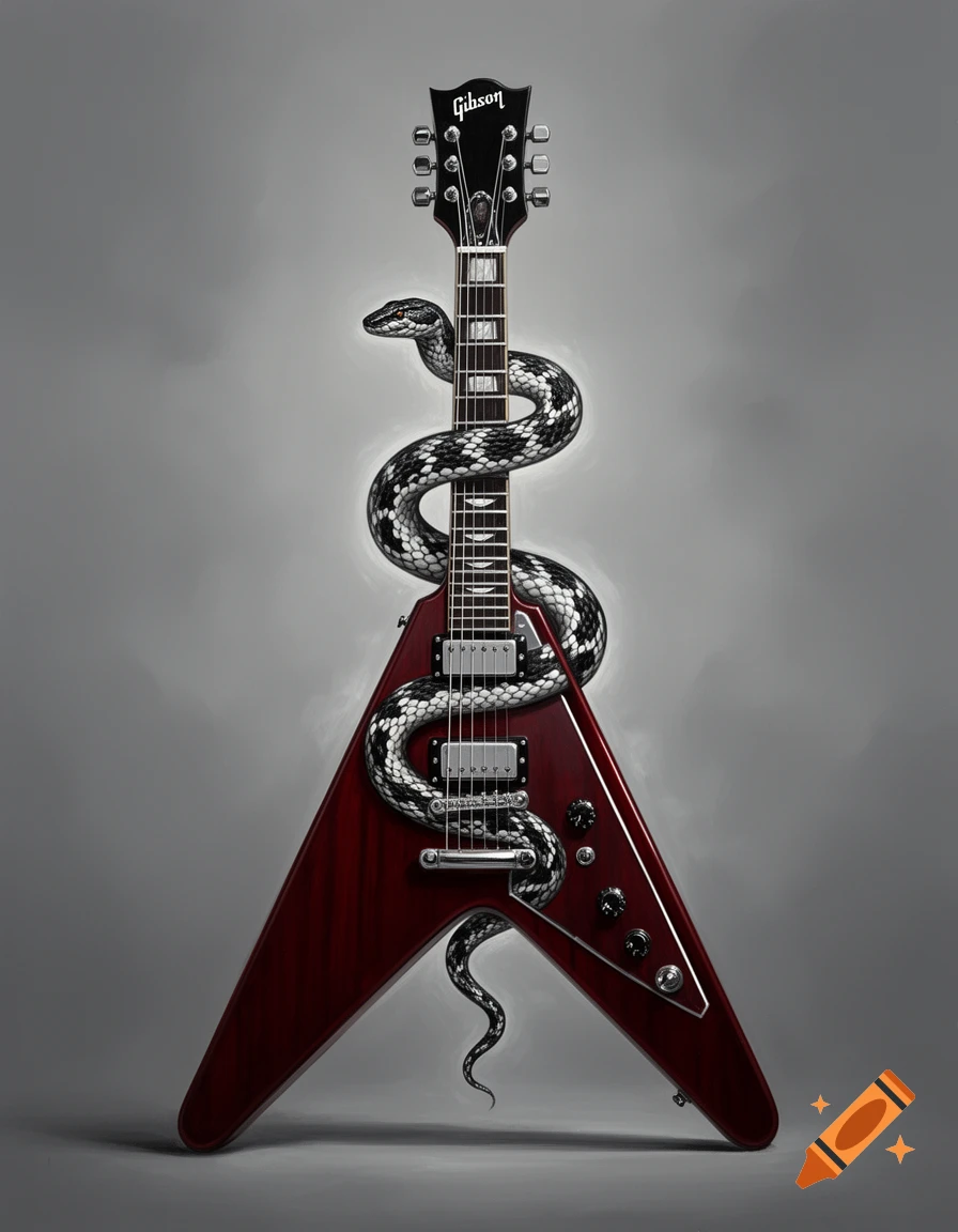 A dark red Gibson Flying V electric guitar with a black and white snake coiled around its neck and fretboard, against a grey background.