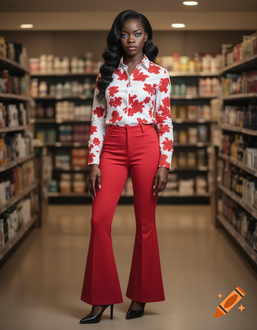 A dark-skinned woman with long wavy hair and blue eyes wears a white floral shirt, red bell-bottom pants, and black heels, standing in a supermarket aisle.