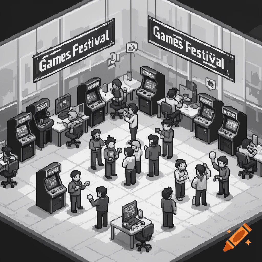 Isometric black and white pixel art of a games festival in an office, with people playing arcade games and computers.