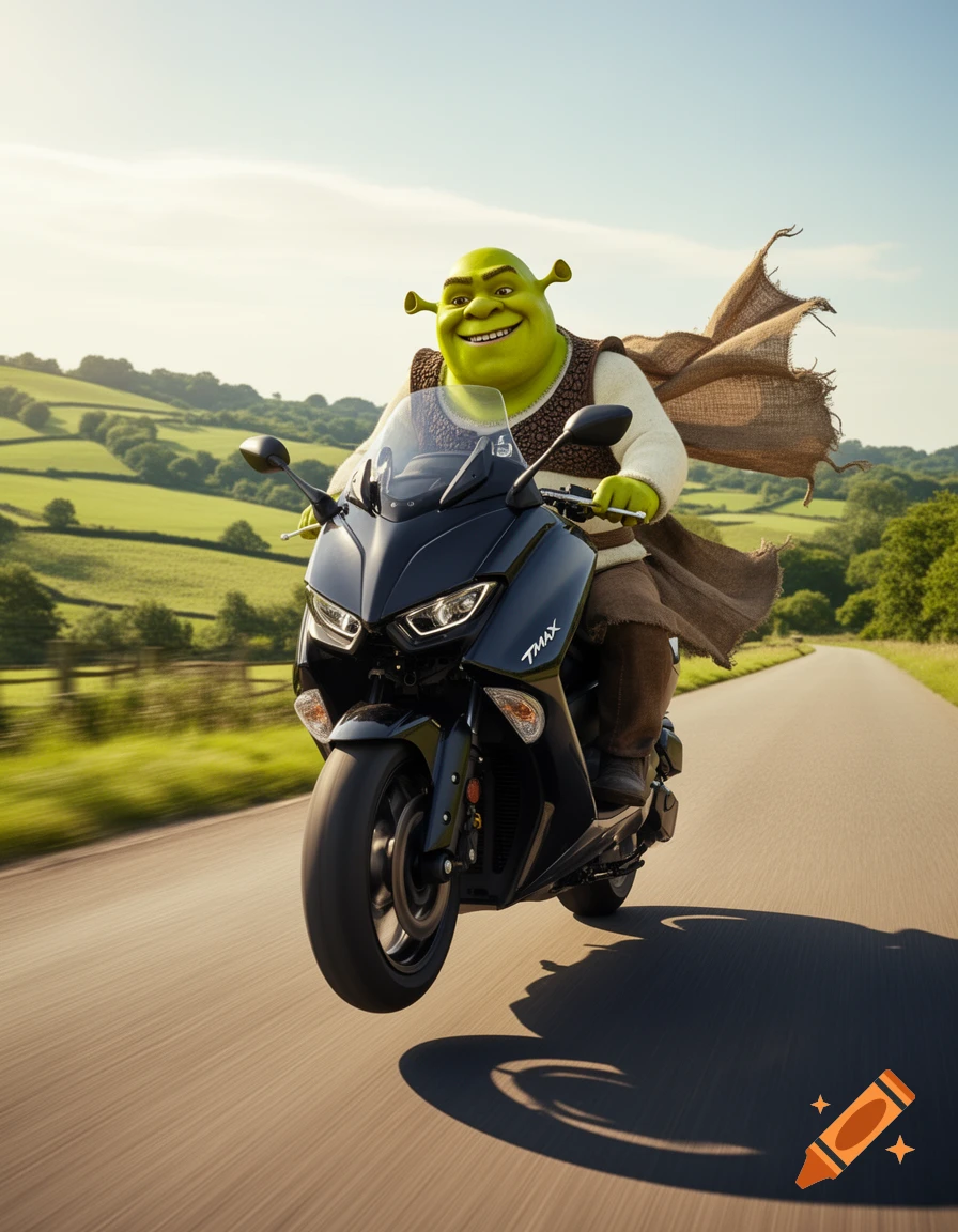 Photorealistic Shrek on a black TMAX motorcycle doing a wheelie on a winding road through green hills under a blue sky.