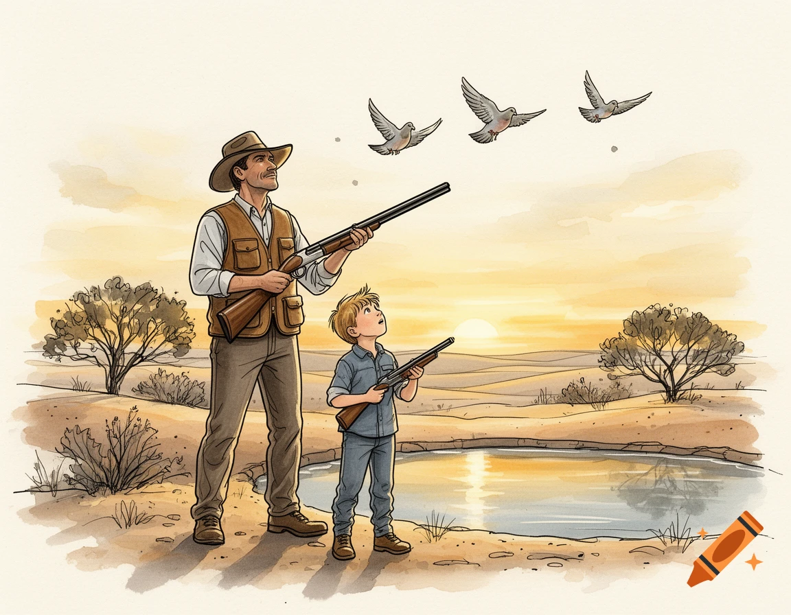 Stylized paint and ink illustration of a father and son hunting doves near a desert waterhole at sunrise.