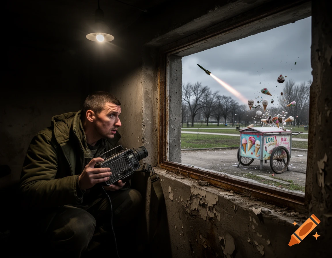 Man in a dark room watches a missile strike an ice cream cart, sending ice cream flying in a park, photorealistic.
