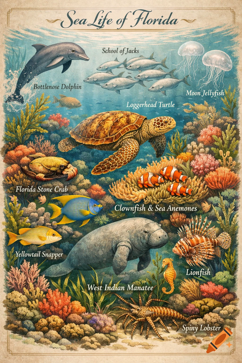 Illustrated guide to Florida sea life, featuring dolphins, jellyfish, turtles, manatees, fish, and crustaceans.