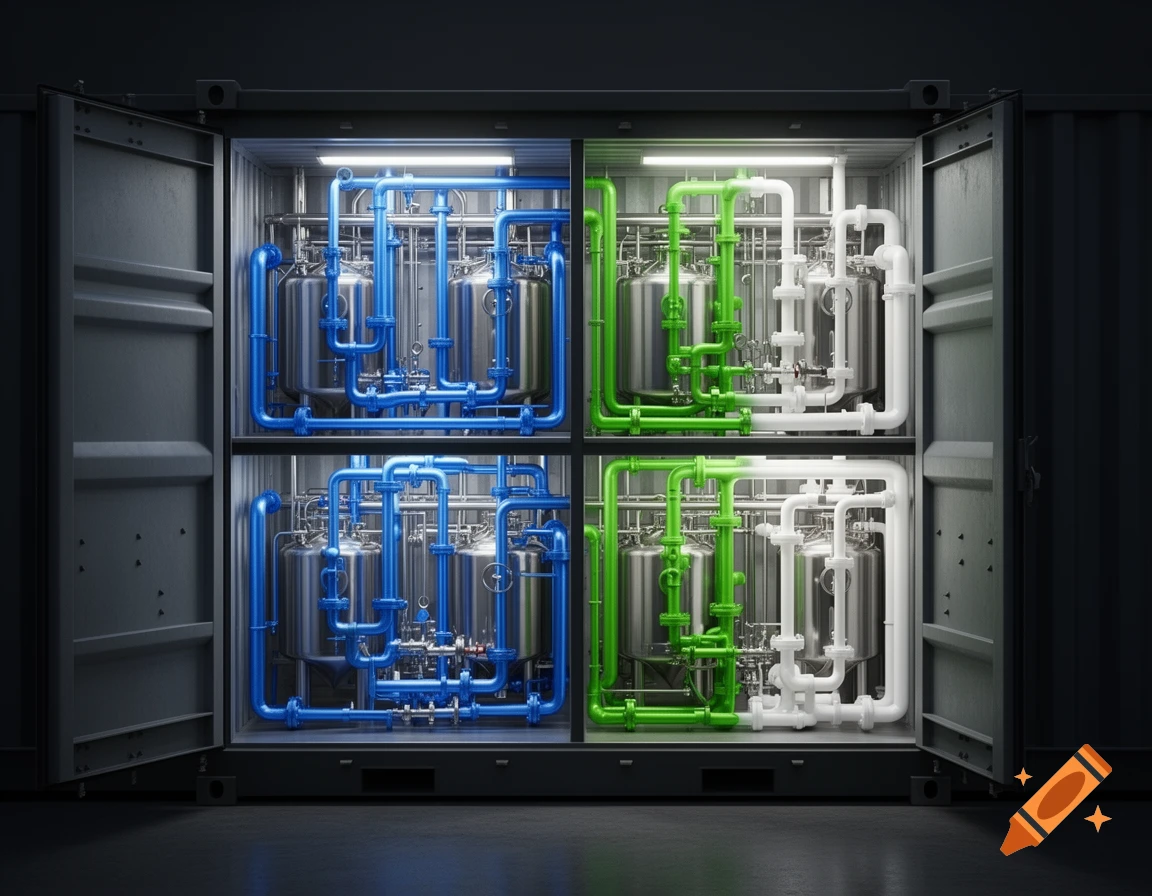 Photorealistic 3D render of a shipping container converted to an industrial chemical processing plant with tanks and blue, green, and white pipes.