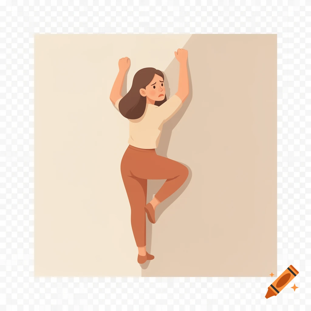 A semi-minimalistic illustration of a frustrated woman climbing a wall, expressing irritation.