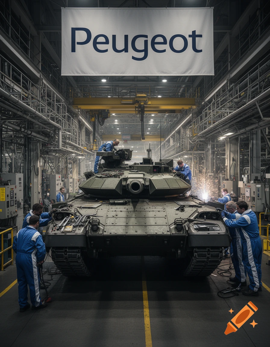 Workers in blue jumpsuits assemble a large military tank on a factory floor beneath a 'Peugeot' banner.