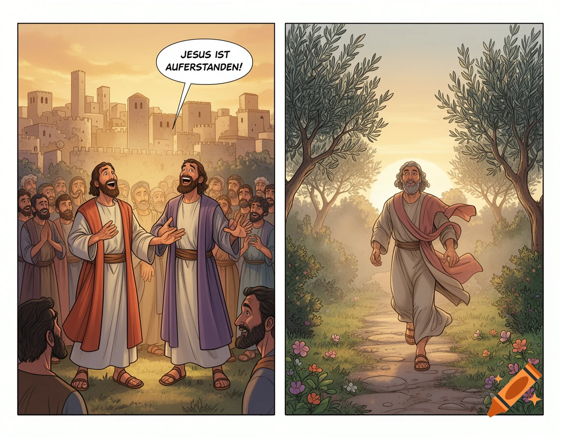 Two comic panels: one with two men telling a crowd "Jesus has risen" in a city, the other of a man walking on a path at sunrise.