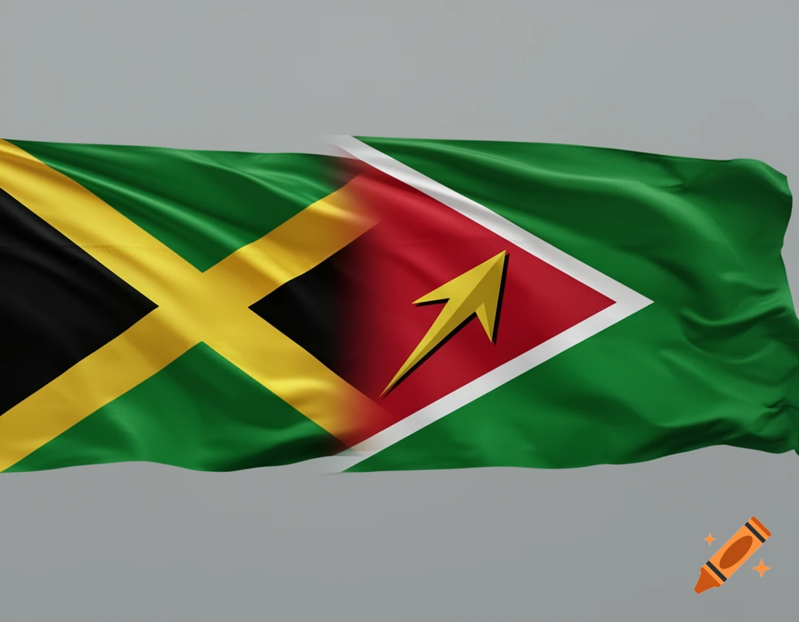 A waving flag, blending the Jamaican design (black and yellow diagonal cross on green) with the Guyanese design (green field with a red triangle and yellow arrow).