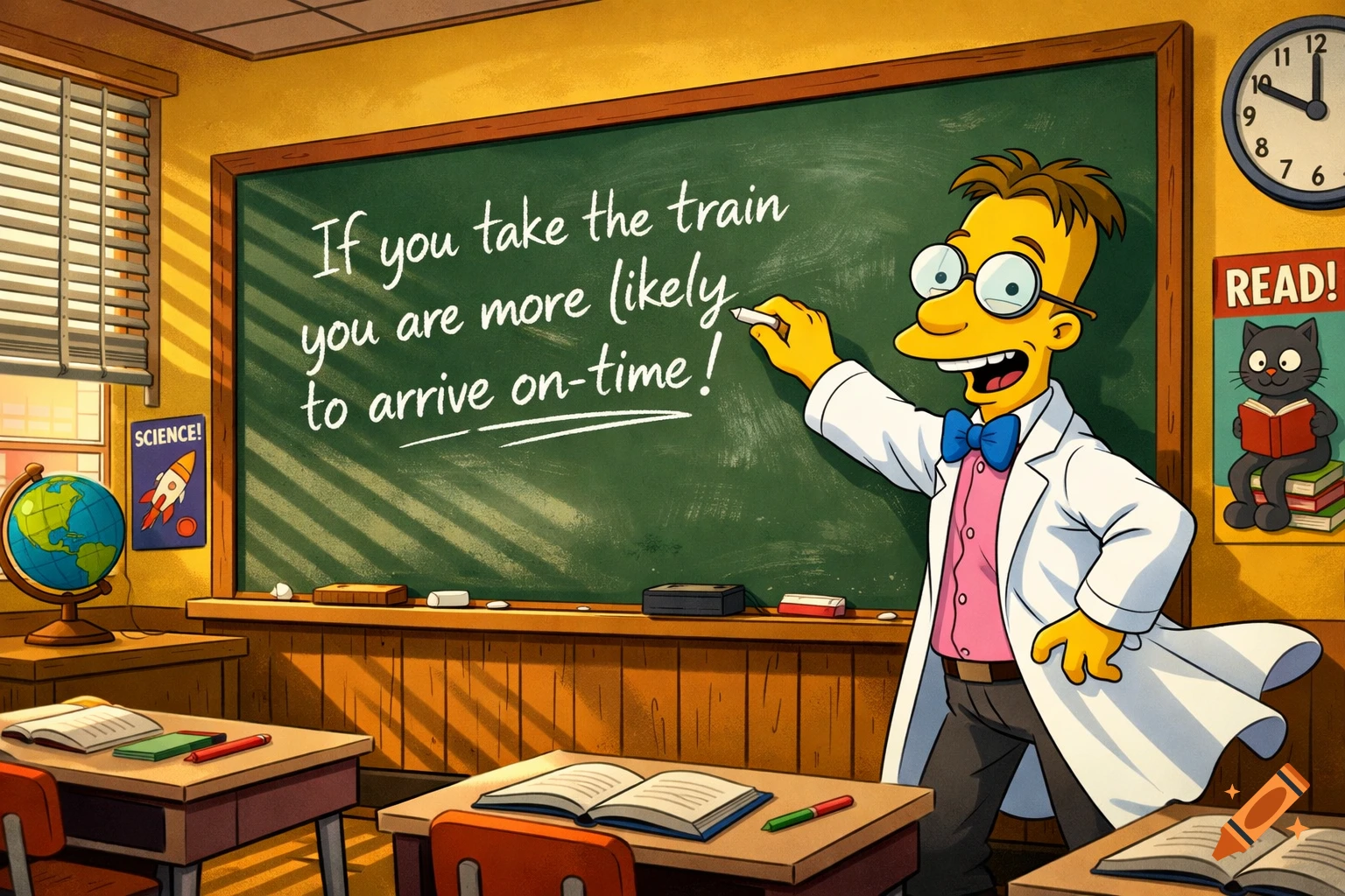 Professor Frink from The Simpsons cartoon drawing 'If you take the train you are more likely to arrive on-time!' on a classroom chalkboard.
