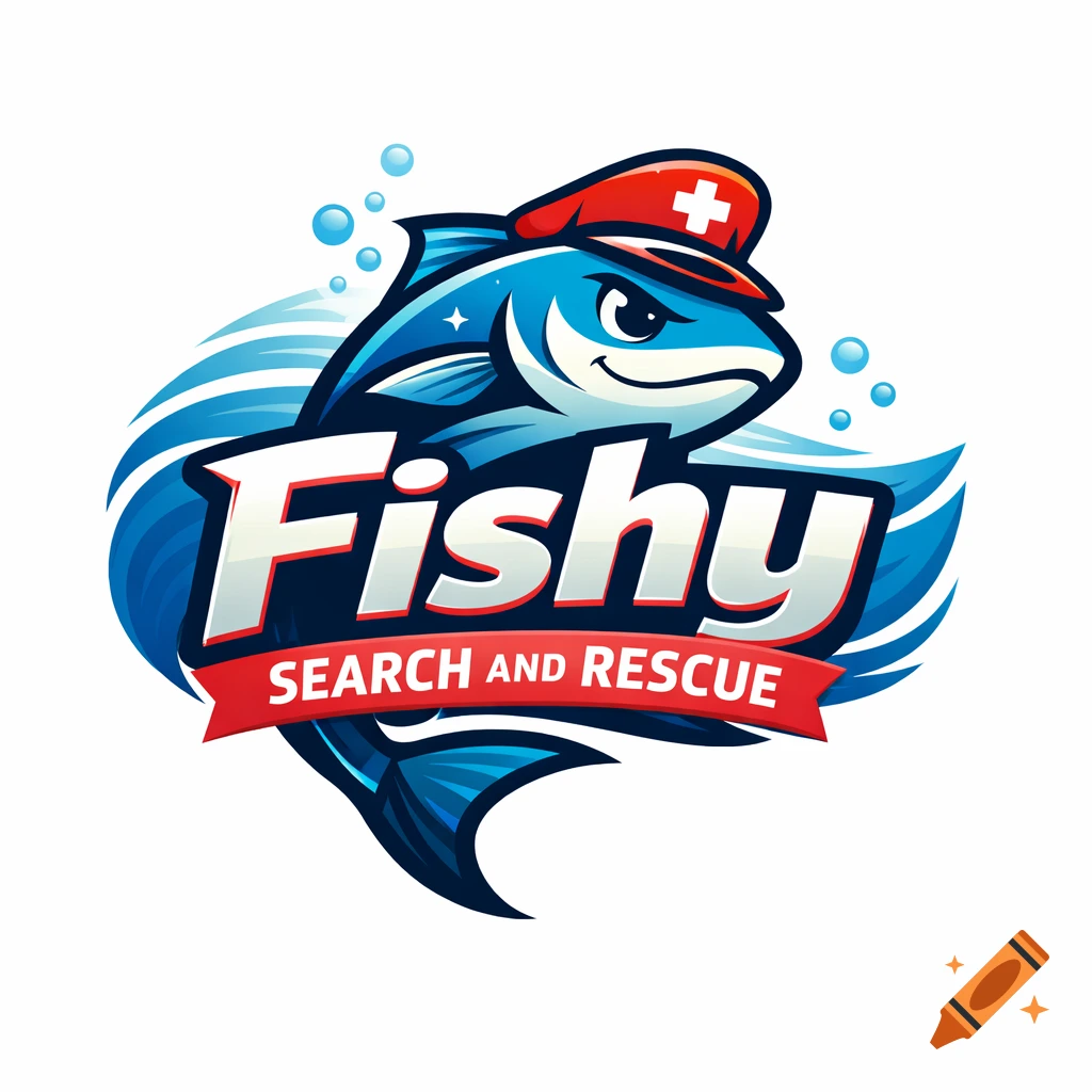 A blue cartoon fish wearing a red and white hat, forming a logo with the text 'Fishy Search and Rescue'.