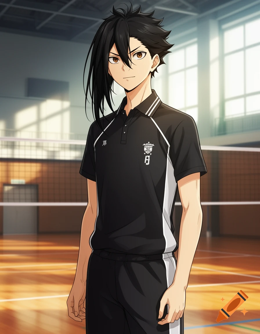 Anime-style male character with black hair and a black and white volleyball uniform standing in a gymnasium.