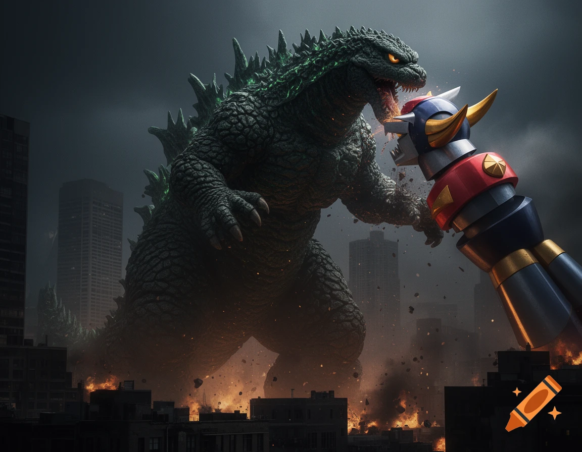 Giant Godzilla battles Goldorak amidst a burning, ruined city under a dark sky in a photorealistic style.