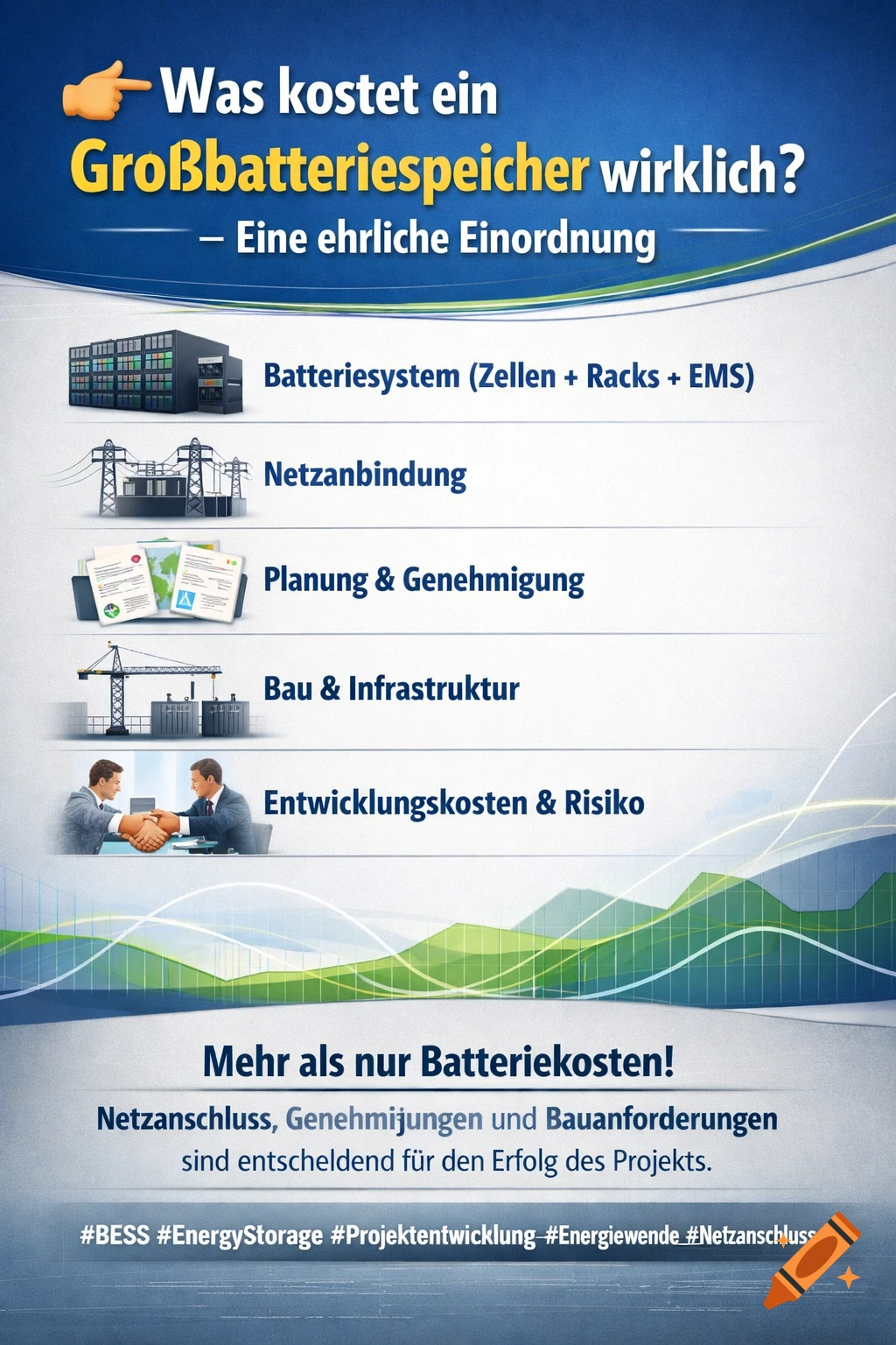 An infographic on the real cost of large battery storage, detailing costs for battery systems, grid connection, planning, infrastructure, development, and risk.