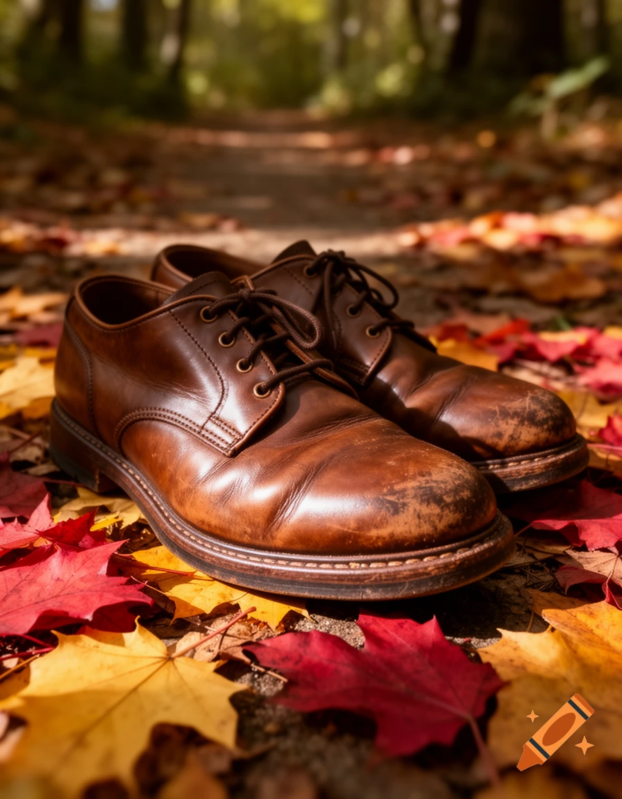 A pair of worn brown leather shoes rests on a forest path covered in vibrant red and yellow autumn leaves.