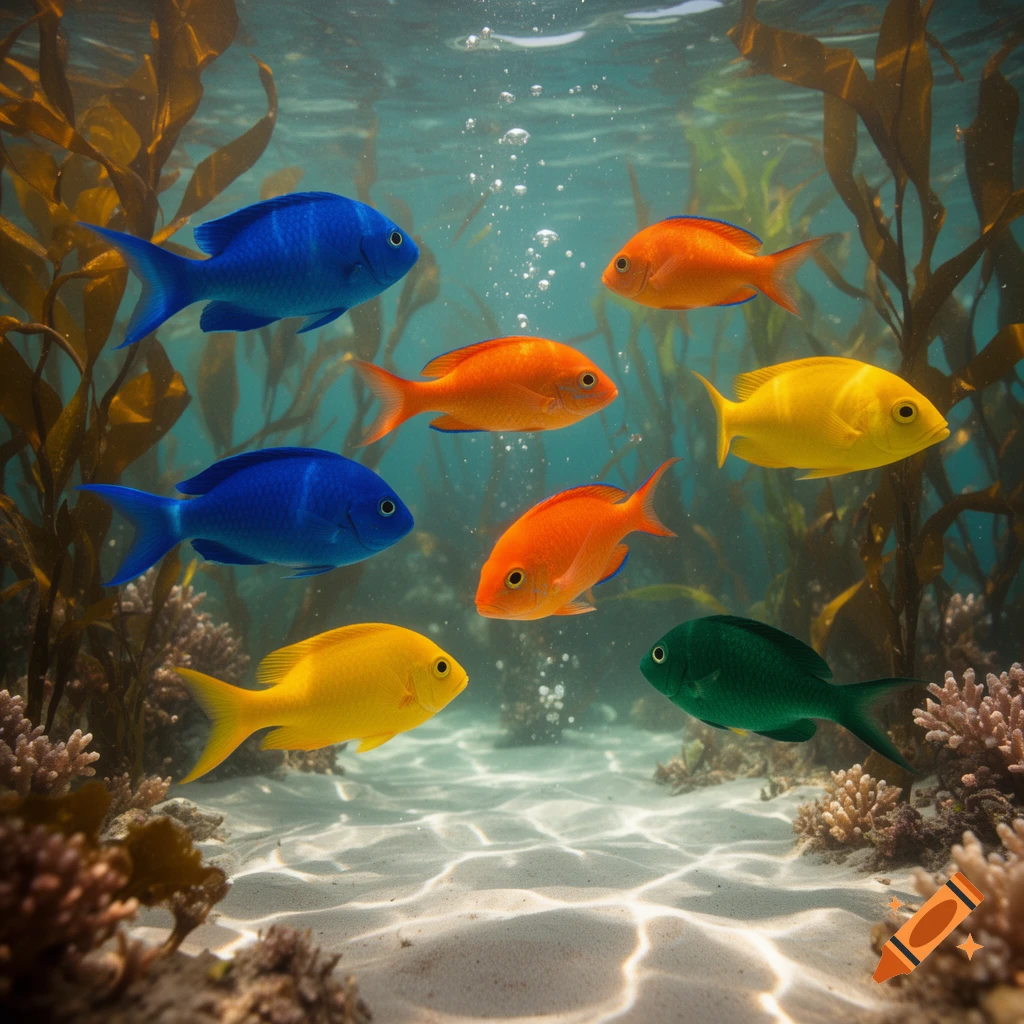 Vibrant blue, orange, yellow, and green fish swim in clear ocean water among kelp and coral reefs.