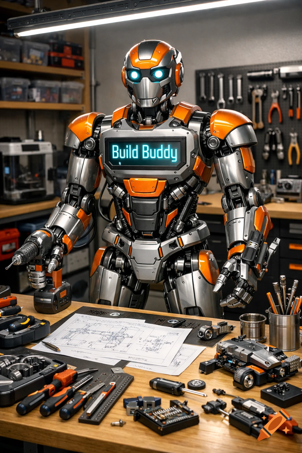 A detailed orange and silver robot with 'Build Buddy' on its chest stands in a workshop, holding a drill, photorealistic.