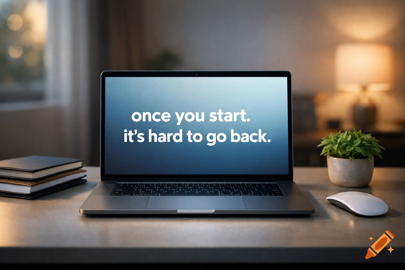 Photorealistic image of a laptop displaying "once you start. it's hard to go back." on a desk with books, a plant, and a mouse.
