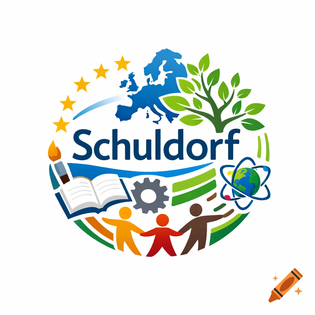 A modern, circular logo for "Schuldorf" featuring a map of Europe, stars, a tree, diverse figures, a book, gear, and an atom, on a white background.