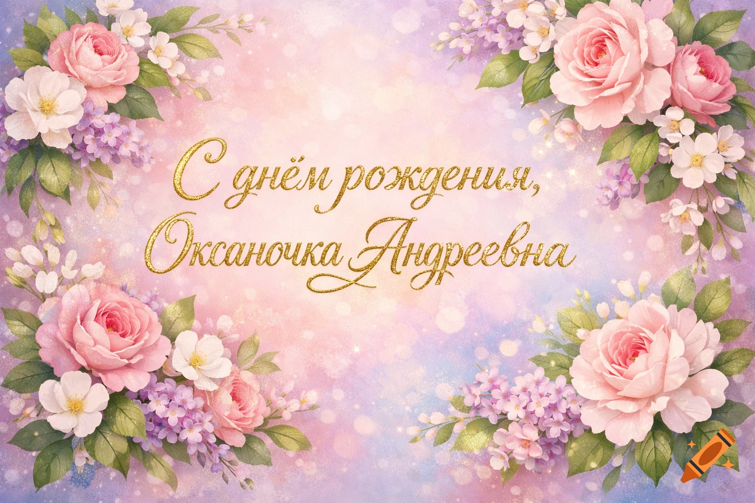 A floral birthday card with pink and white roses, purple flowers, and gold glitter text on a bokeh background reading 'Happy Birthday, Oksanochka Andreevna'.