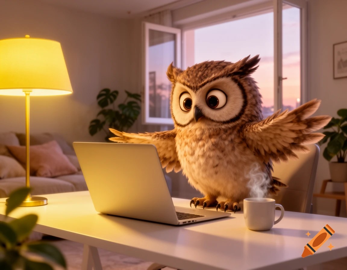 Cartoon Owl Computer Cartoon owl sits at a laptop on a desk with a steaming mug in a cozy ...