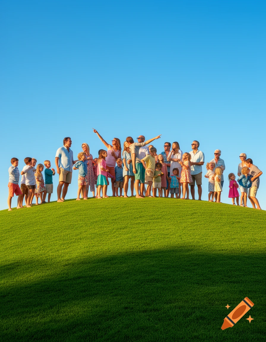 A large group of adults and children stand on a sunny green grassy hill under a clear blue sky, some pointing.