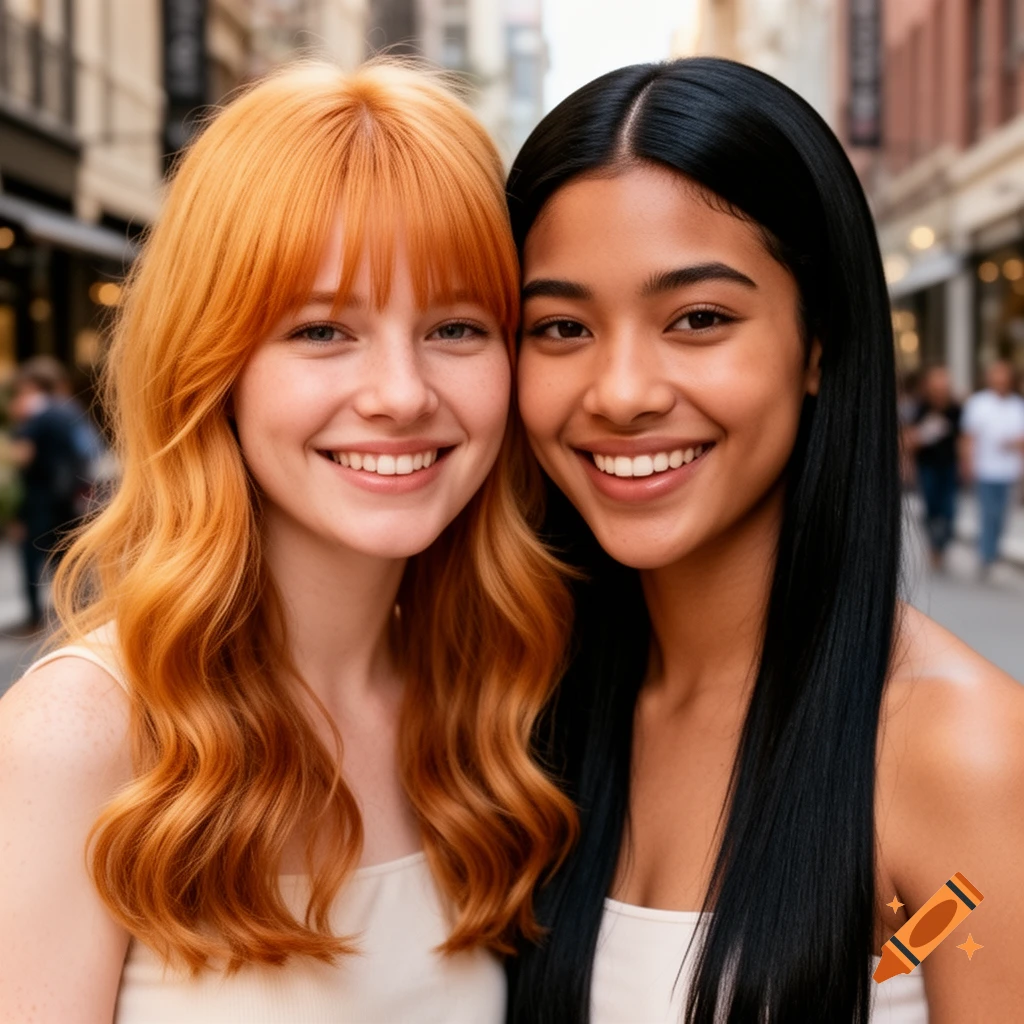 Two smiling young women, one with red hair and one with black hair, pose closely on a city street.