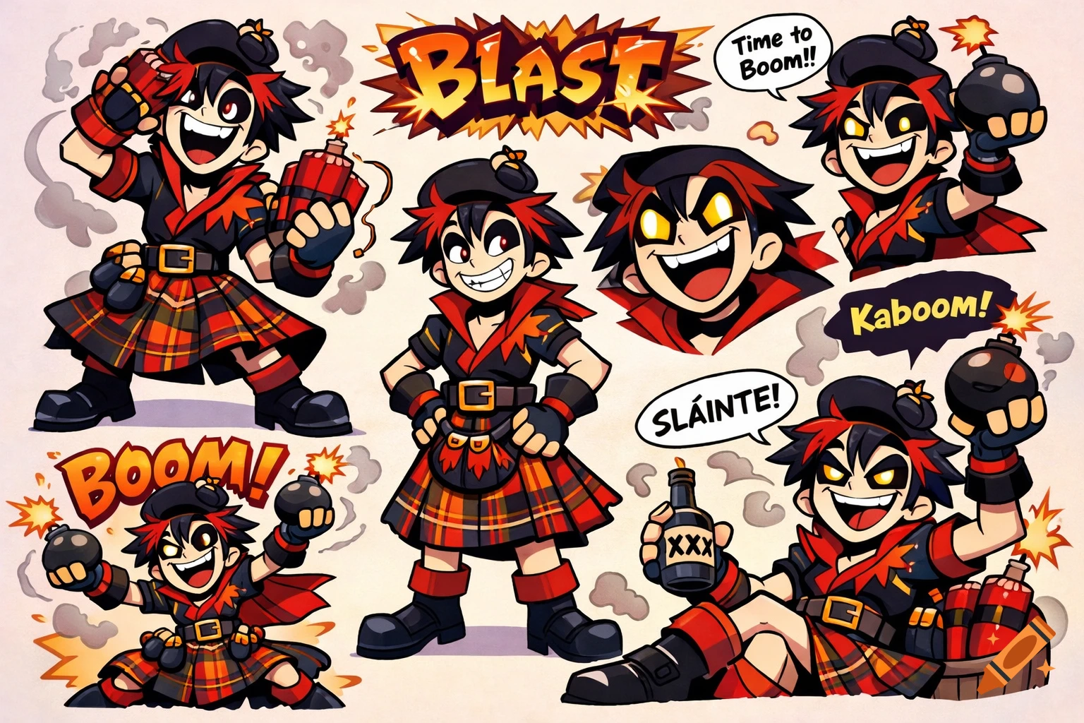 Cartoon character 'Blast' in a Scottish kilt, with black and red hair, enthusiastically holding bombs and dynamite in various poses.