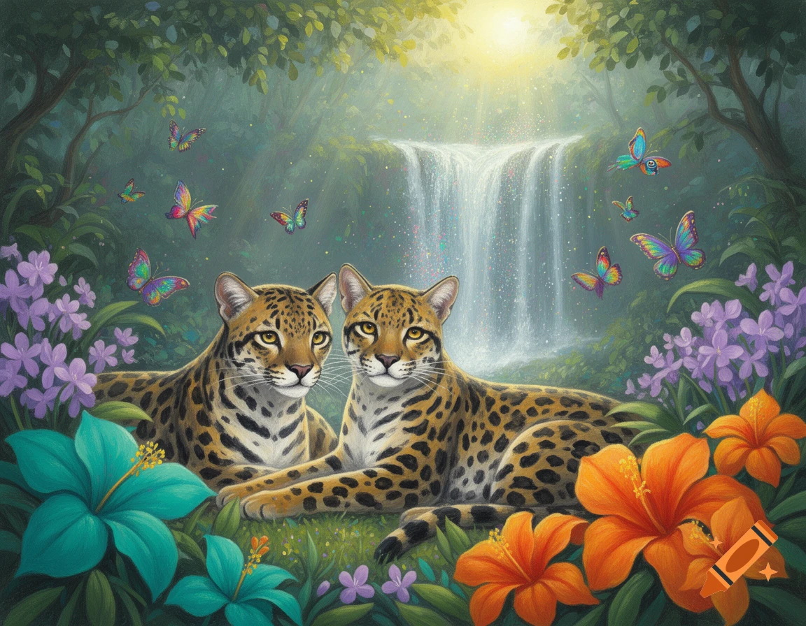 Two spotted felines lie among vibrant jungle flowers with butterflies and a waterfall under a sunlit canopy, in a fantasy painting style.