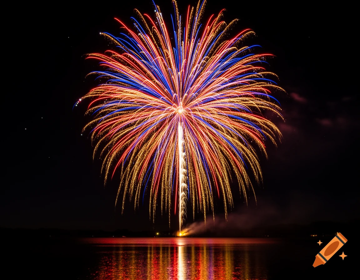 A colorful firework explodes in the dark night sky, reflecting vibrant reds, blues, and golds on the calm water below.