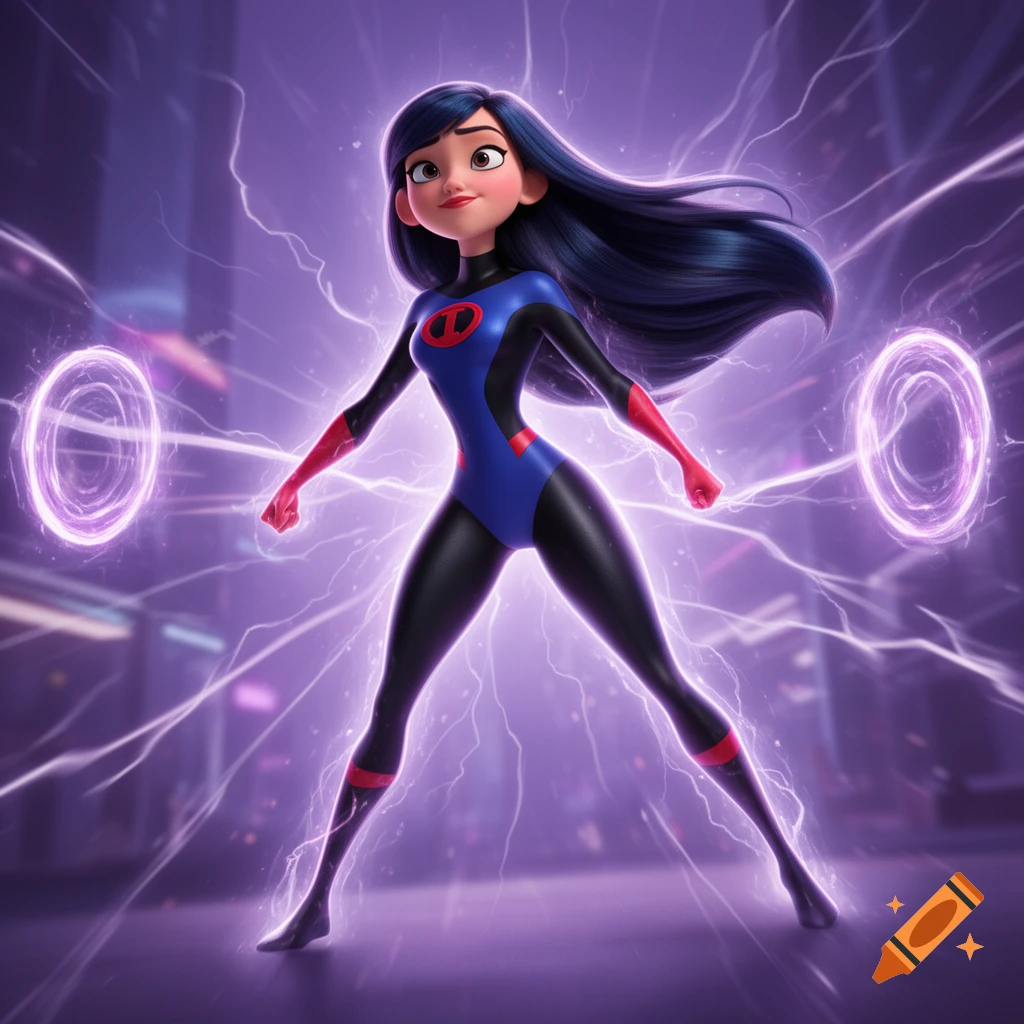 An animated Violet Parr, a female superhero, stands amidst purple lightning and energy rings in a futuristic cityscape.