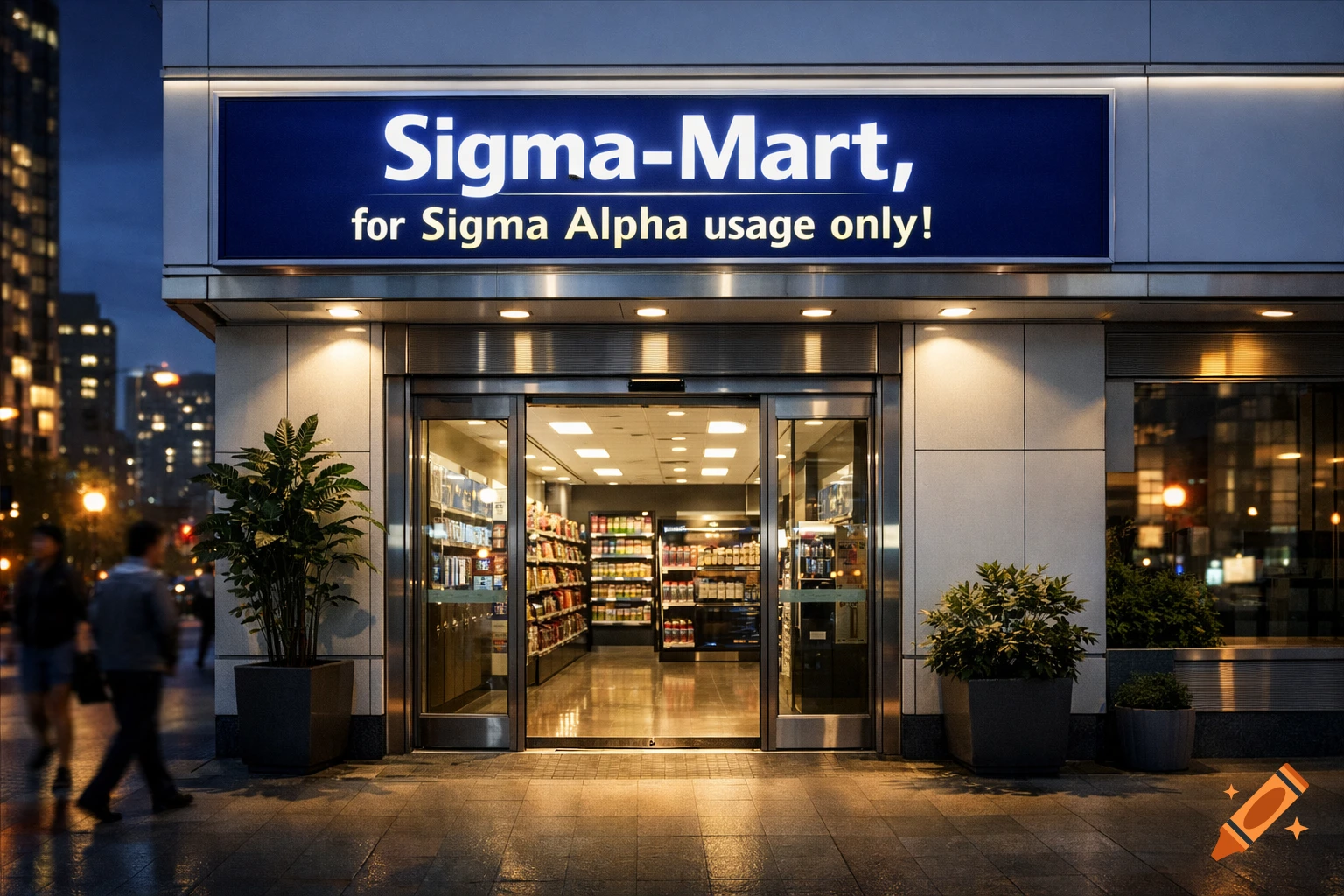 Photorealistic image of a 'Sigma-Mart' store entrance at night, with bright signage and people walking by.