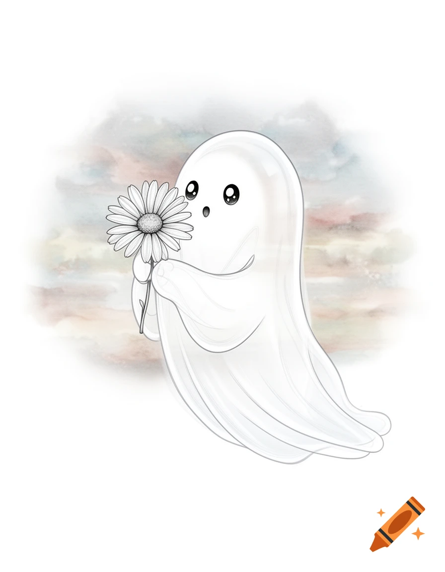 Cute line art illustration of a ghost holding a daisy flower with a subtle watercolor background.