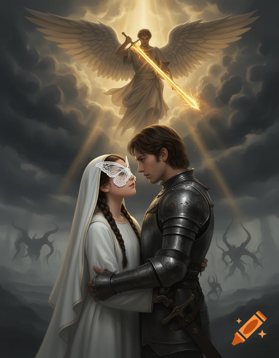 A knight and a woman in a butterfly mask embrace under a powerful archangel, with shadowy demons in a stormy landscape.
